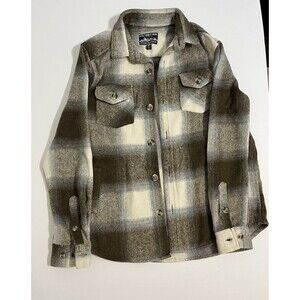 Distortion Plaid Button Shirt Jacket Brown Gray White Men's Size S Mid-Length